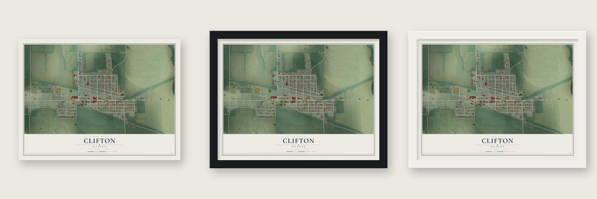 Clifton, Kansas map unframed, in a black wood frame and in a white wood frame