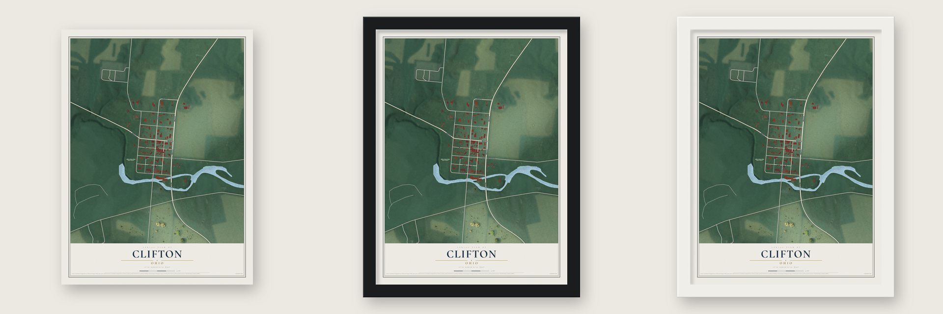 Clifton, Ohio map unframed, in a black wood frame and in a white wood frame