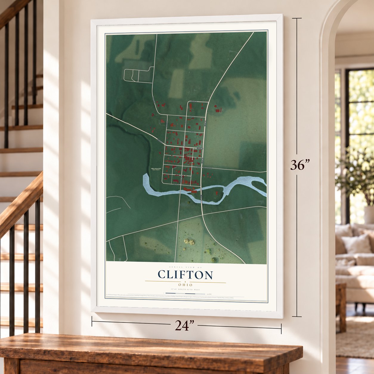 Clifton, Ohio map, 24 x 36 inch print in a white frame by a staircase
