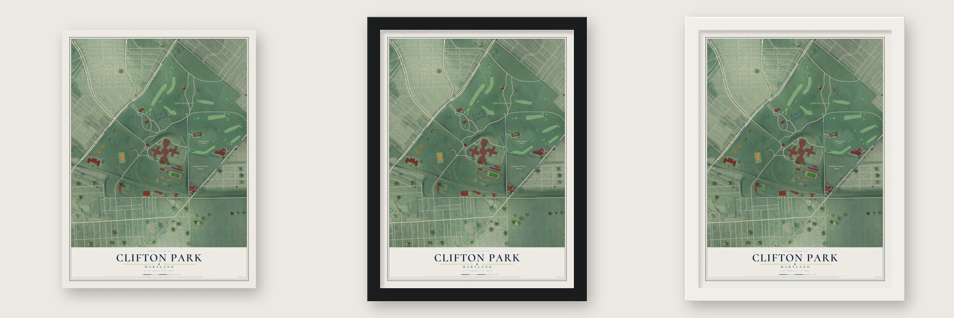 Clifton Park, Maryland map unframed, in a black wood frame and in a white wood frame