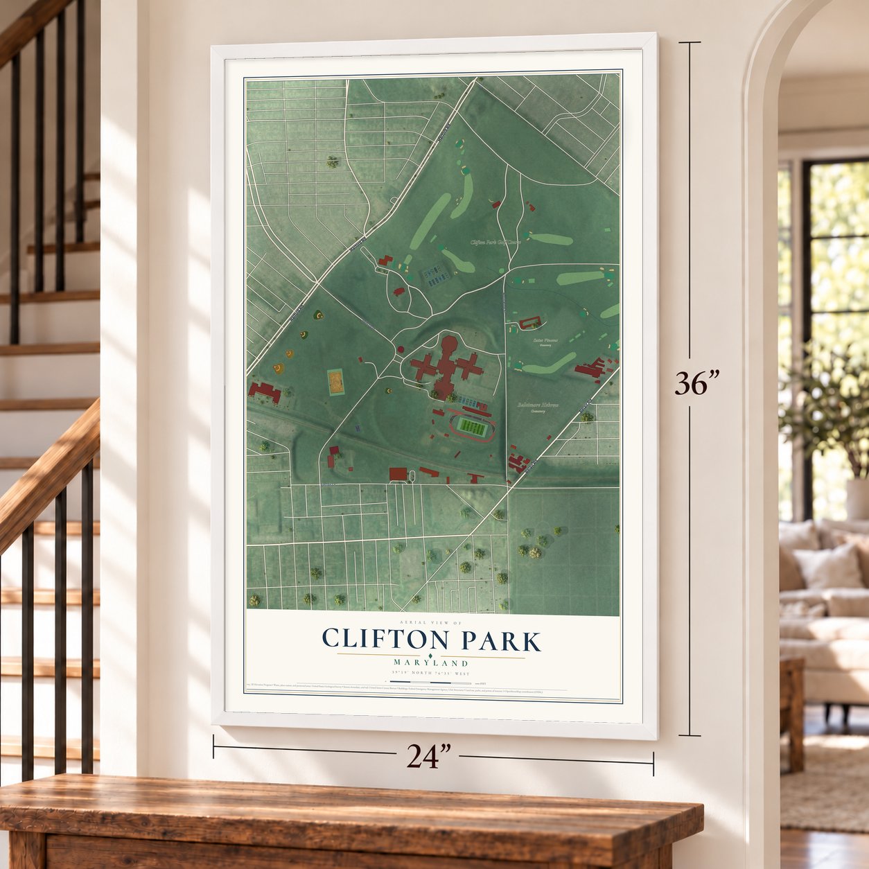 Clifton Park, Maryland map, 24 x 36 inch print in a white frame by a staircase