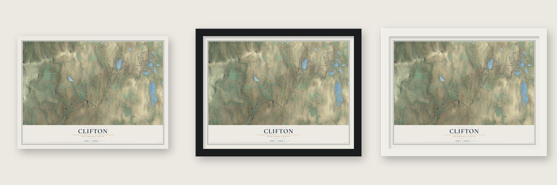 Clifton, Pennsylvania map unframed, in a black wood frame and in a white wood frame
