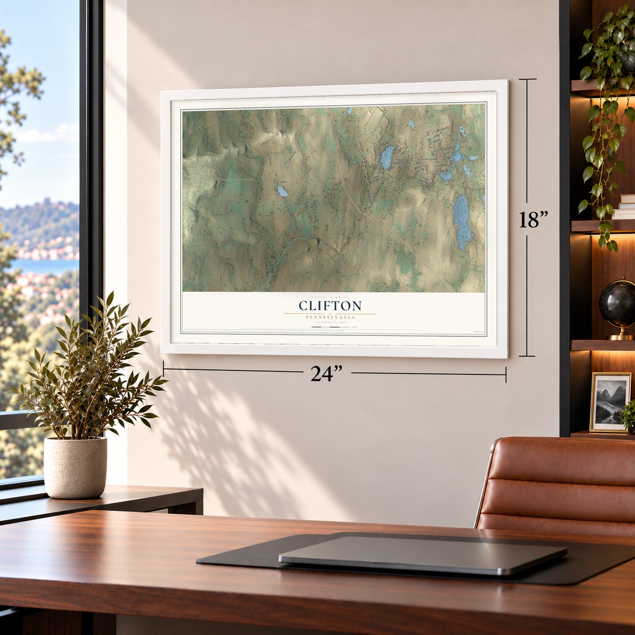 Clifton, Pennsylvania map, 18 x 24 inch print in a white frame in a home office