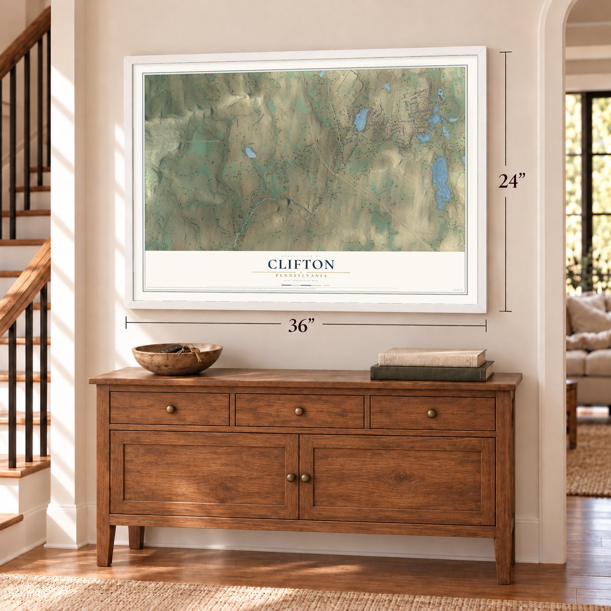 Clifton, Pennsylvania map, 24 x 36 inch print in a white frame above a dresser by a staircase