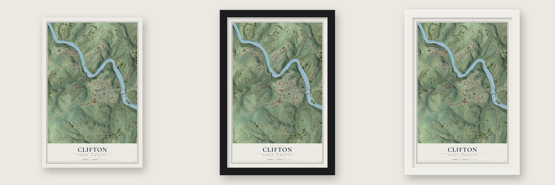 Clifton, South Carolina map unframed, in a black wood frame and in a white wood frame