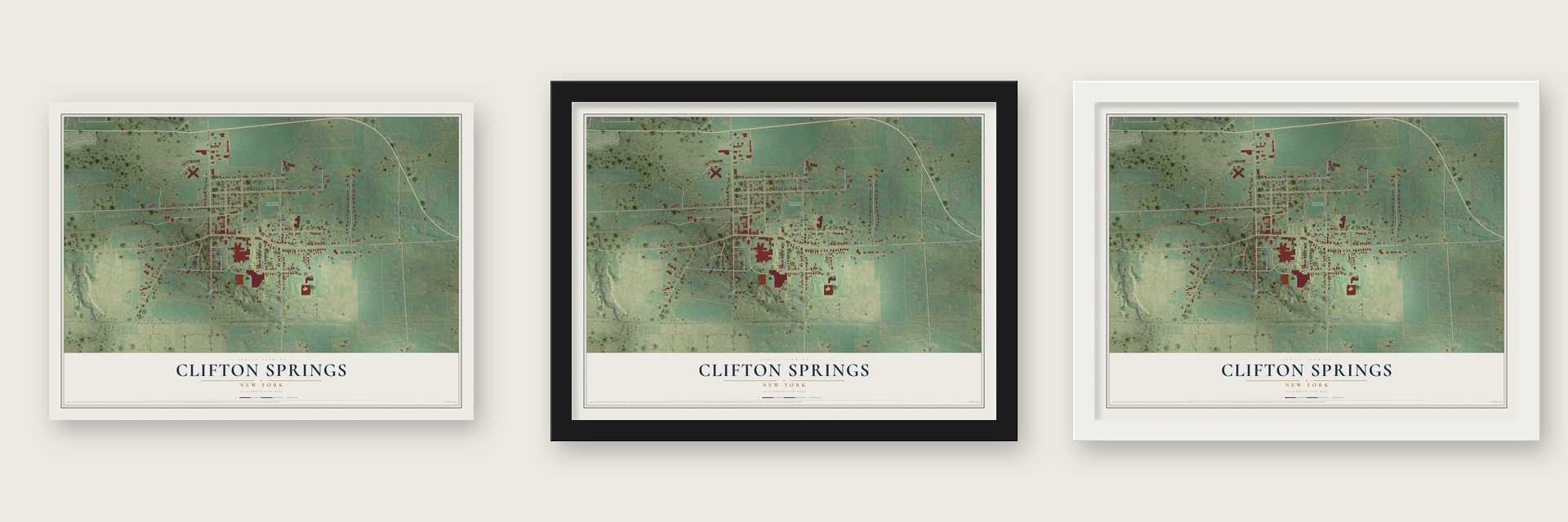 Clifton Springs, New York map unframed, in a black wood frame and in a white wood frame