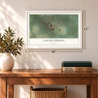 Clifton Springs, New York map, 12 x 18 inch print in a white frame in an entryway