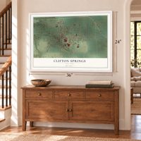 Clifton Springs, New York map, 24 x 36 inch print in a white frame above a dresser by a staircase
