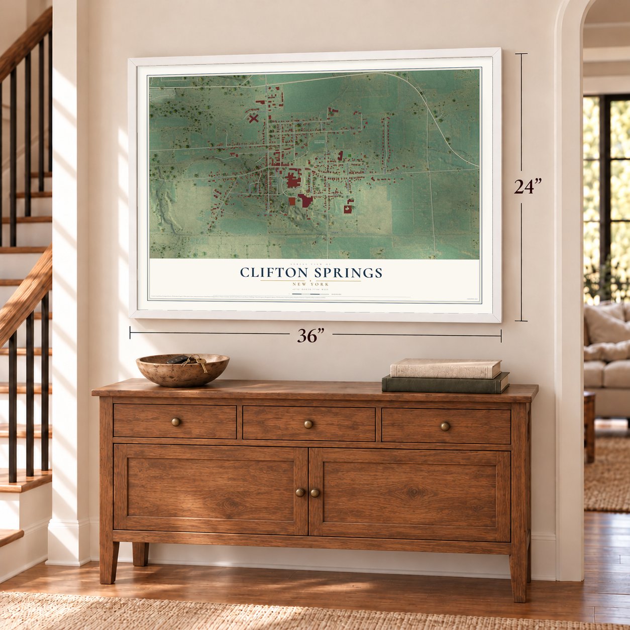 Clifton Springs, New York map, 24 x 36 inch print in a white frame above a dresser by a staircase