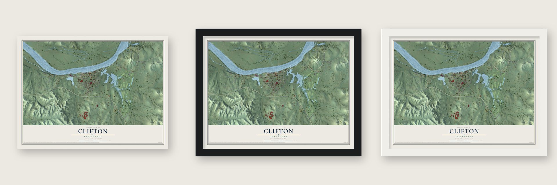Clifton, Tennessee map unframed, in a black wood frame and in a white wood frame