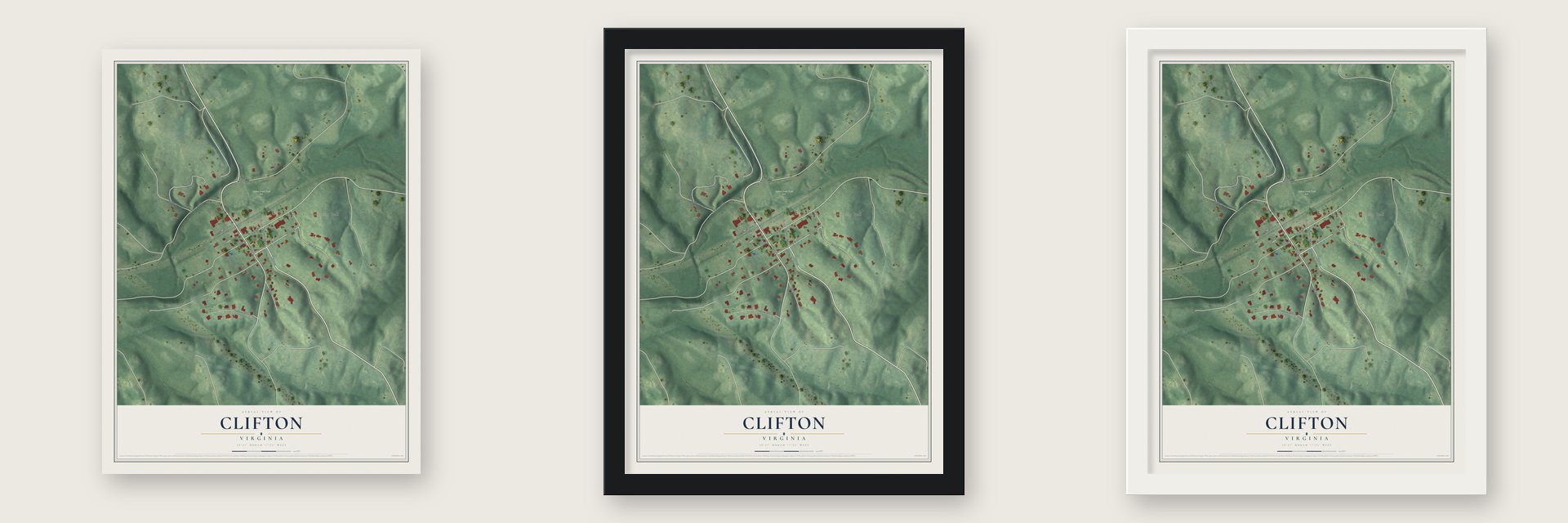 Clifton, Virginia map unframed, in a black wood frame and in a white wood frame