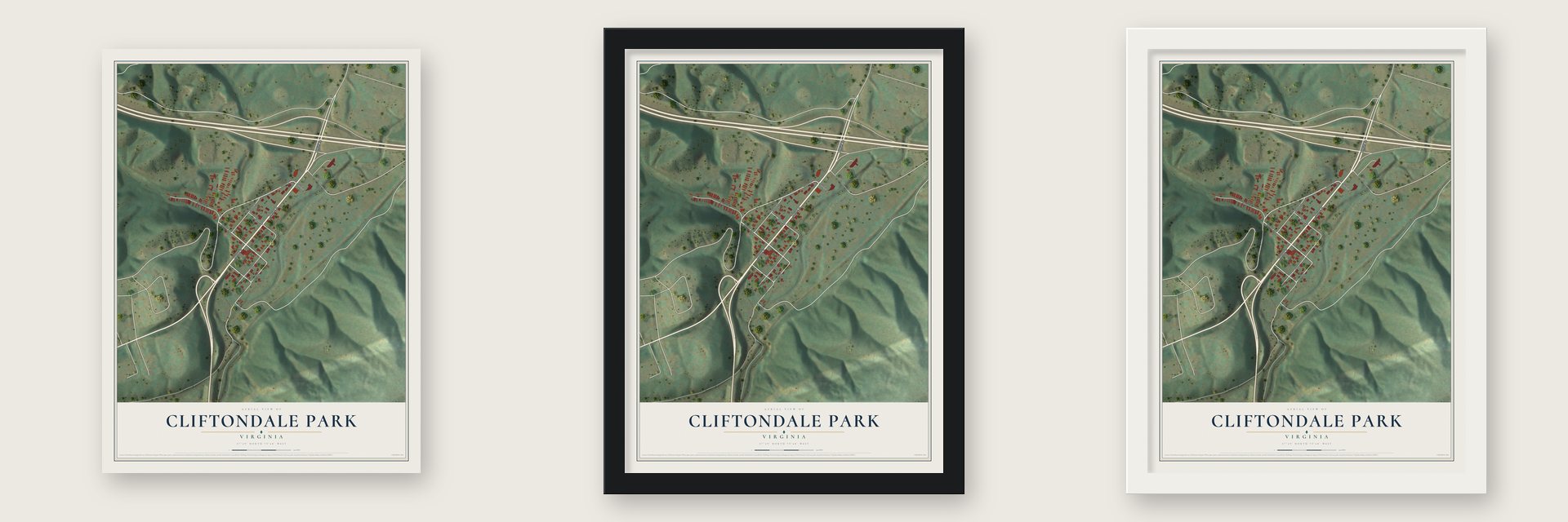 Cliftondale Park, Virginia map unframed, in a black wood frame and in a white wood frame