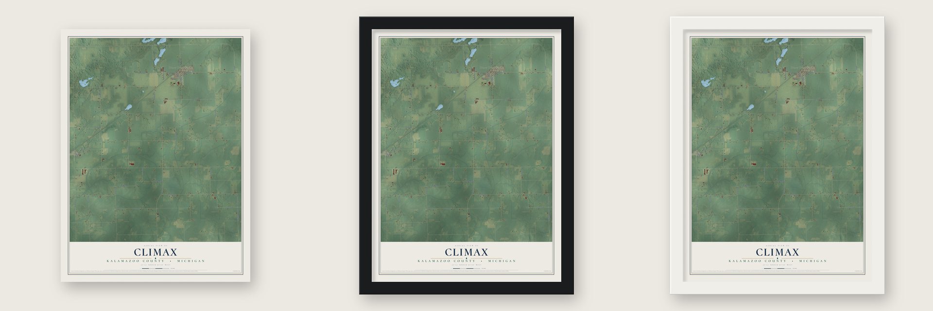 Climax, Kalamazoo County, Michigan map unframed, in a black wood frame and in a white wood frame