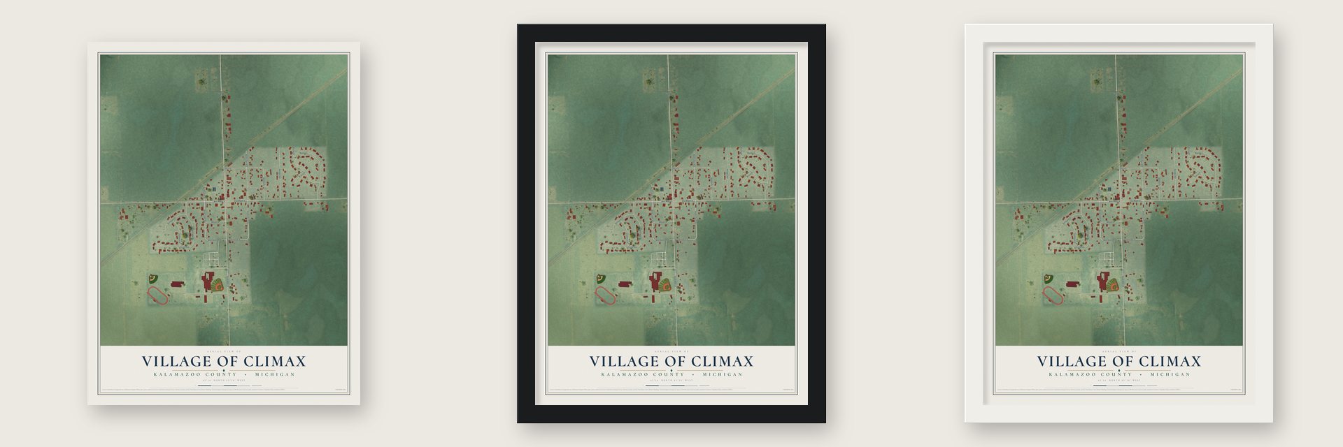 Climax, Michigan map unframed, in a black wood frame and in a white wood frame
