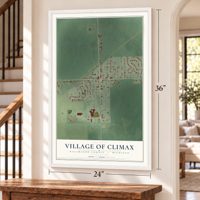 Climax, Michigan map, 24 x 36 inch print in a white frame by a staircase