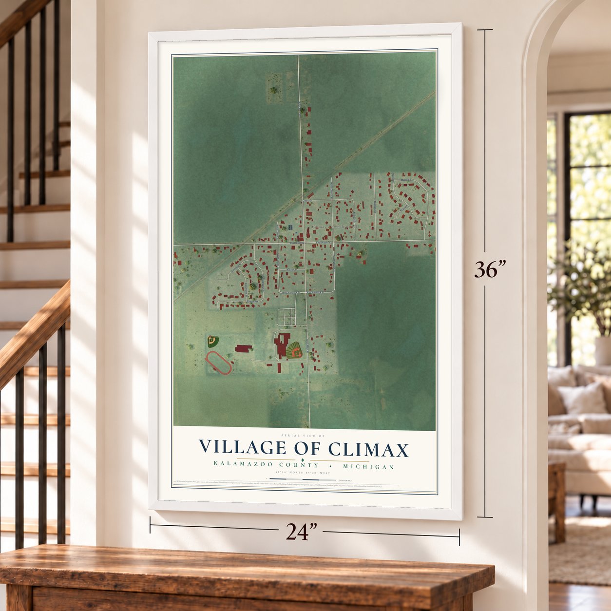 Climax, Michigan map, 24 x 36 inch print in a white frame by a staircase