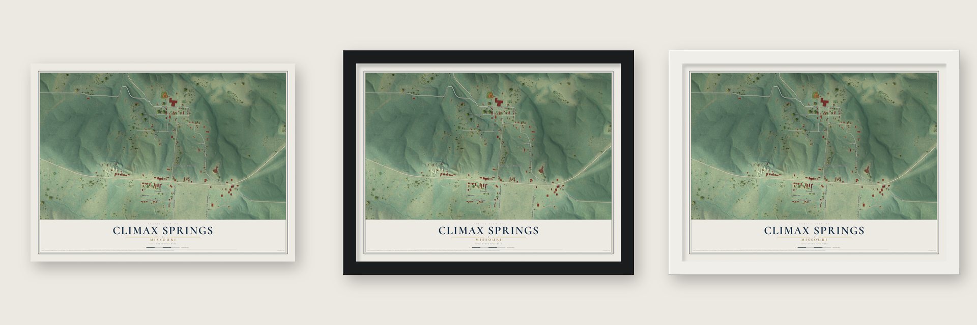 Climax Springs, Missouri map unframed, in a black wood frame and in a white wood frame