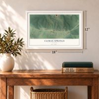 Climax Springs, Missouri map, 12 x 18 inch print in a white frame in an entryway