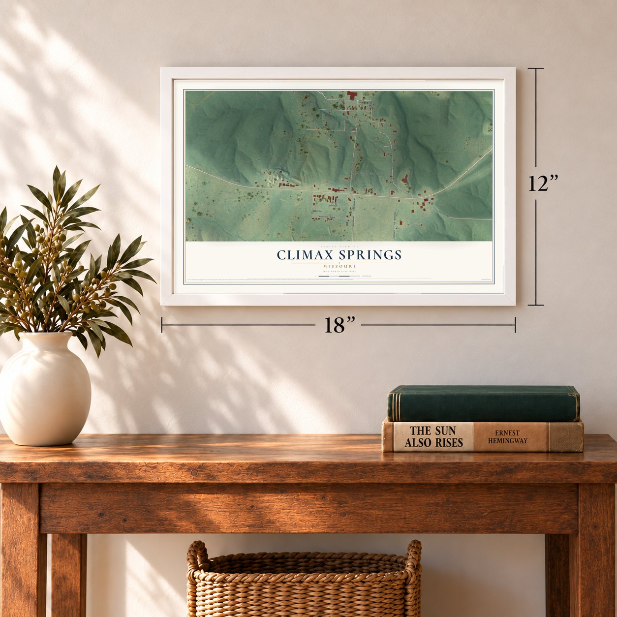 Climax Springs, Missouri map, 12 x 18 inch print in a white frame in an entryway