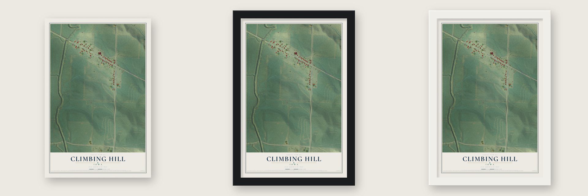 Climbing Hill, Iowa map unframed, in a black wood frame and in a white wood frame
