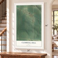 Climbing Hill, Iowa map, 24 x 36 inch print in a white frame by a staircase