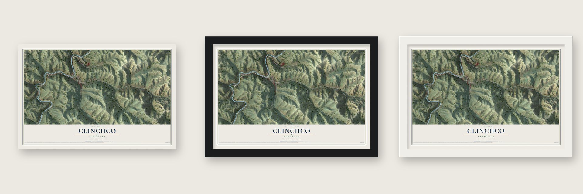 Clinchco, Virginia map unframed, in a black wood frame and in a white wood frame