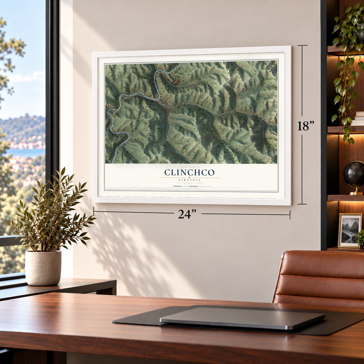 Clinchco, Virginia map, 18 x 24 inch print in a white frame in a home office