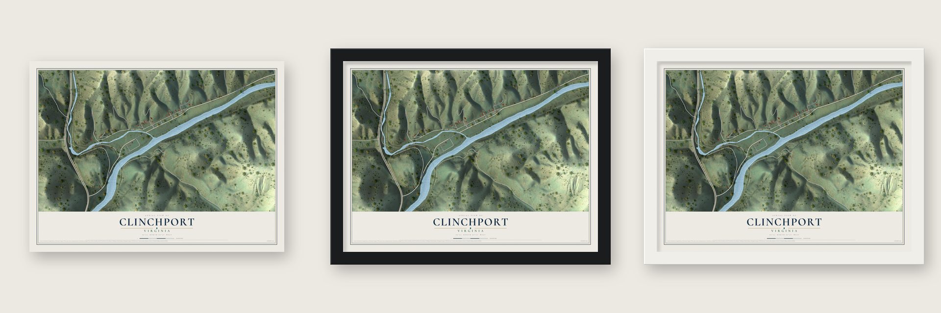 Clinchport, Virginia map unframed, in a black wood frame and in a white wood frame