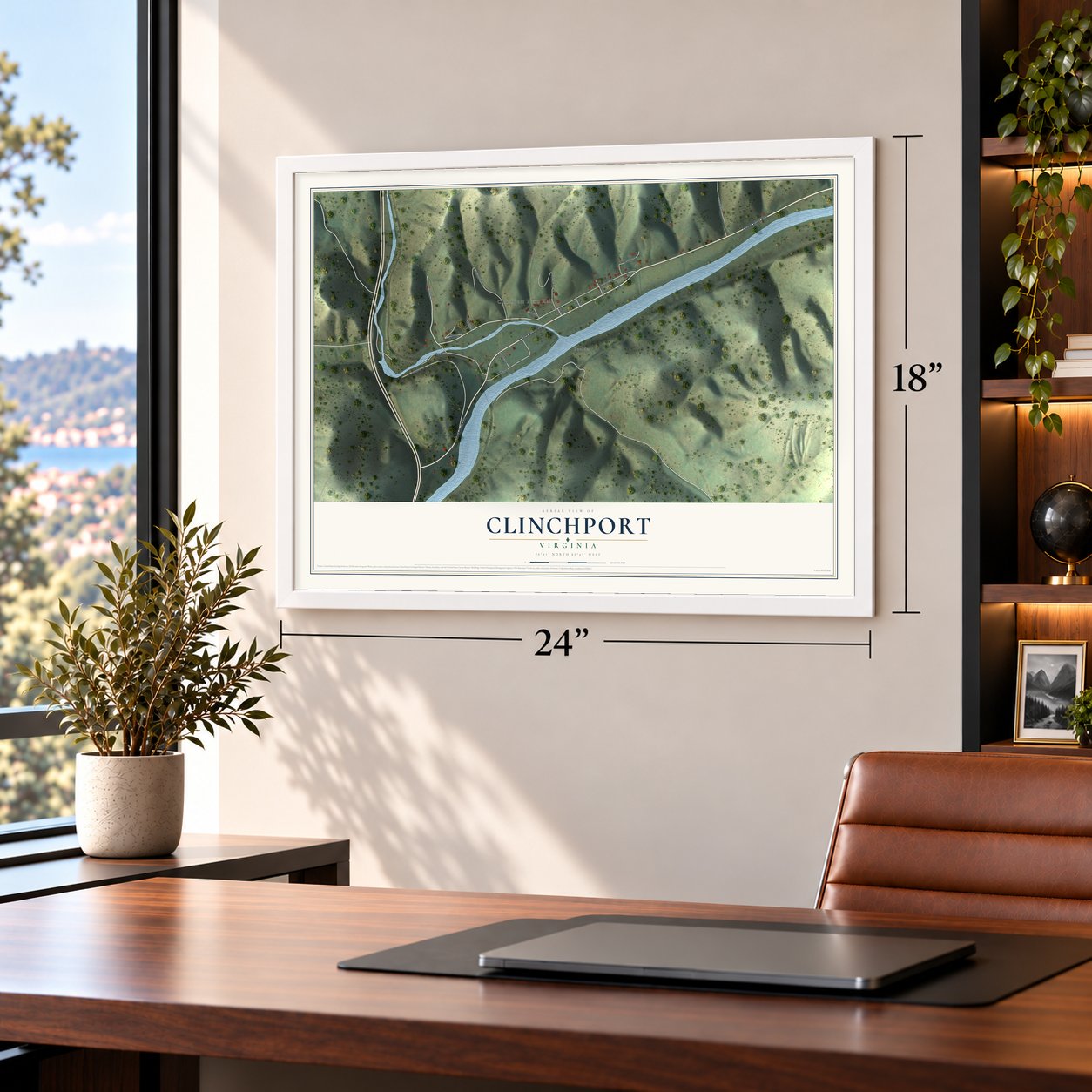 Clinchport, Virginia map, 18 x 24 inch print in a white frame in a home office