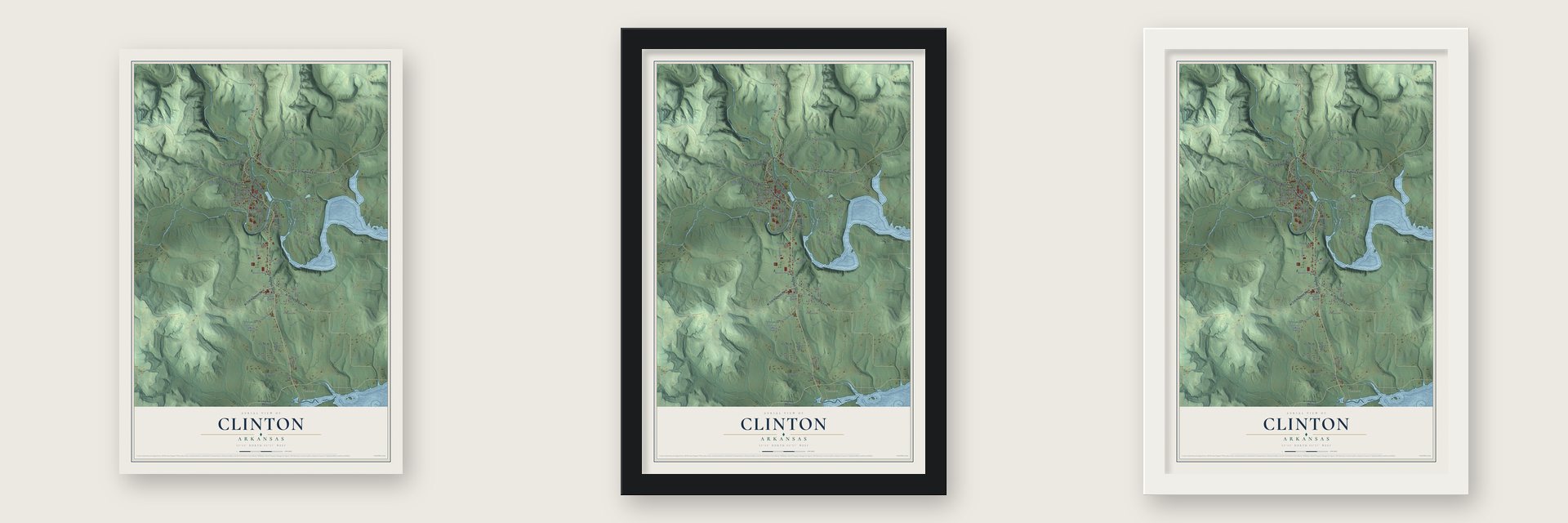 Clinton, Arkansas map unframed, in a black wood frame and in a white wood frame