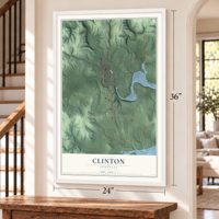 Clinton, Arkansas map, 24 x 36 inch print in a white frame by a staircase