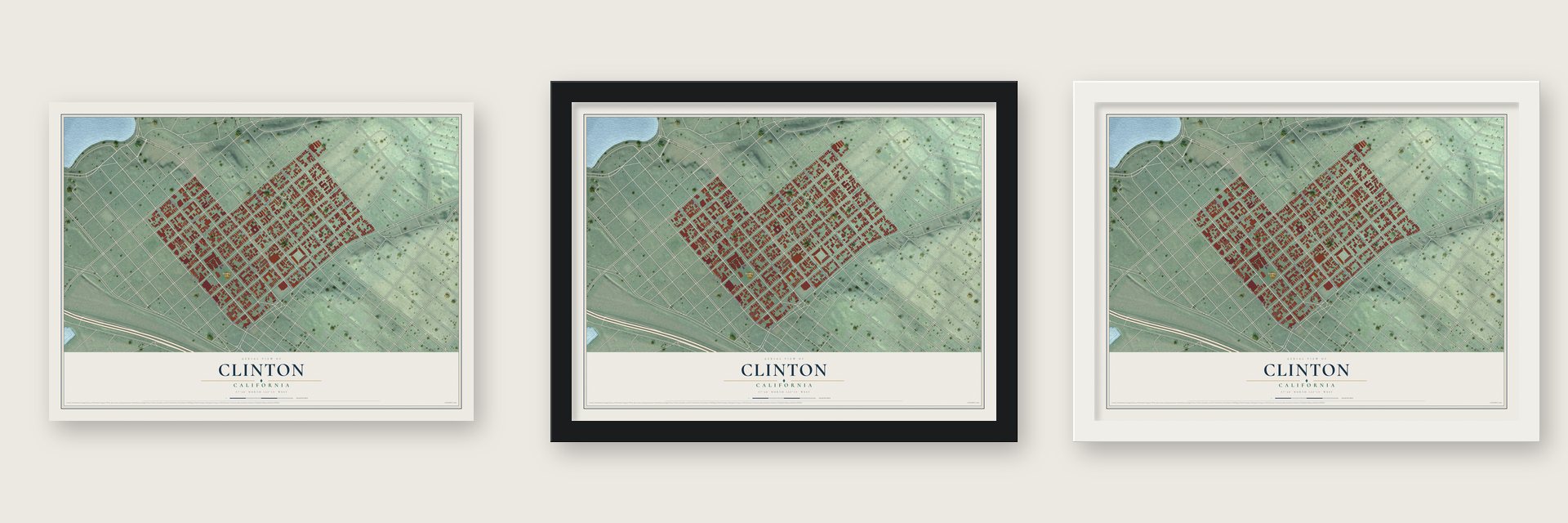 Clinton, California map unframed, in a black wood frame and in a white wood frame