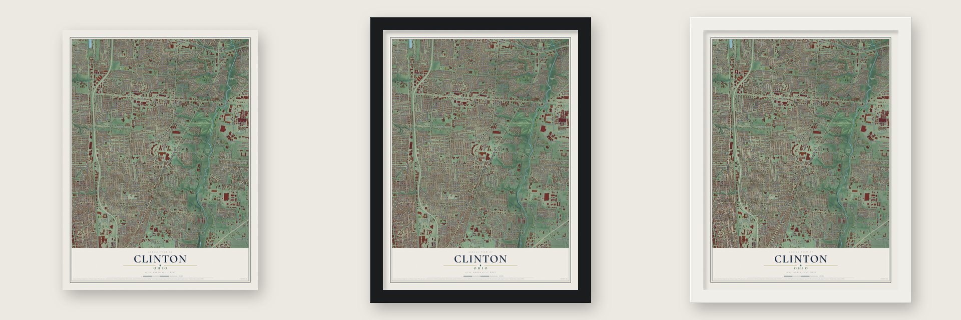 Clinton, Franklin County, Ohio map unframed, in a black wood frame and in a white wood frame