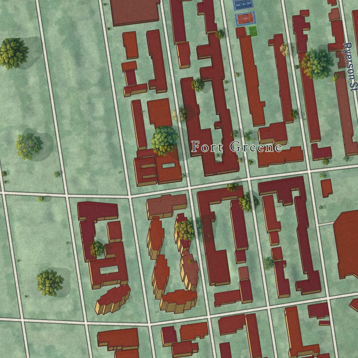 Second close-up of the map of Clinton Hill, New York print showing more streets and buildings
