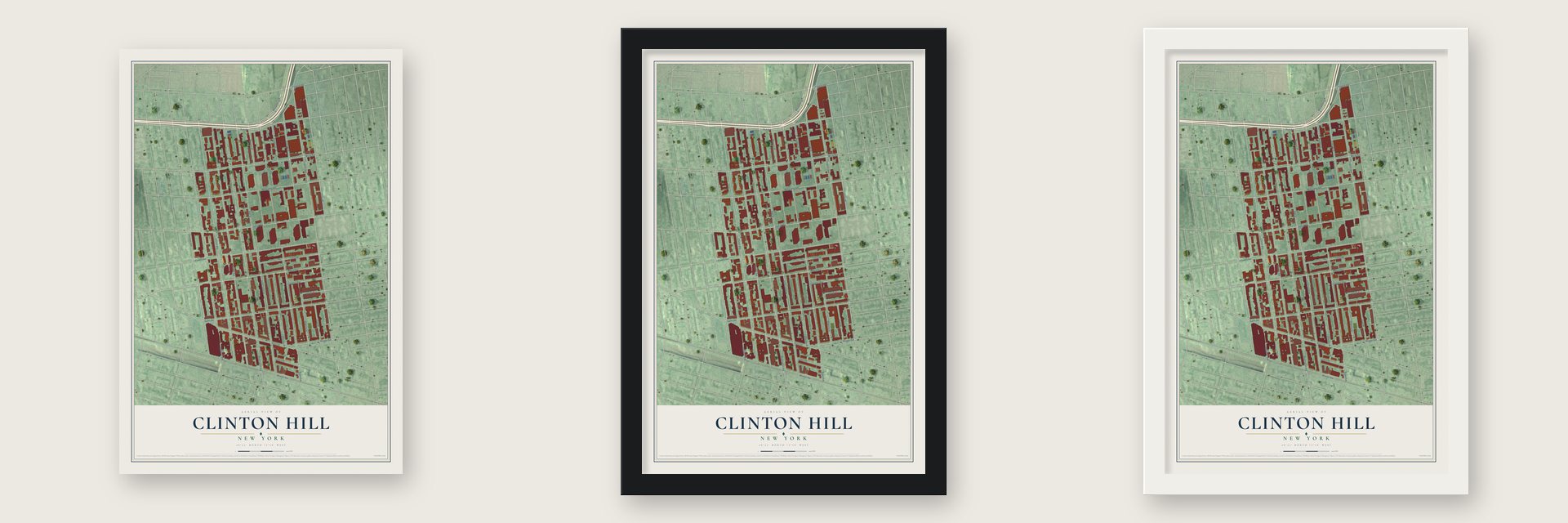 Clinton Hill, New York map unframed, in a black wood frame and in a white wood frame