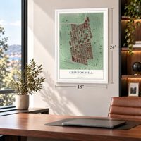 Clinton Hill, New York map, 18 x 24 inch print in a white frame in a home office