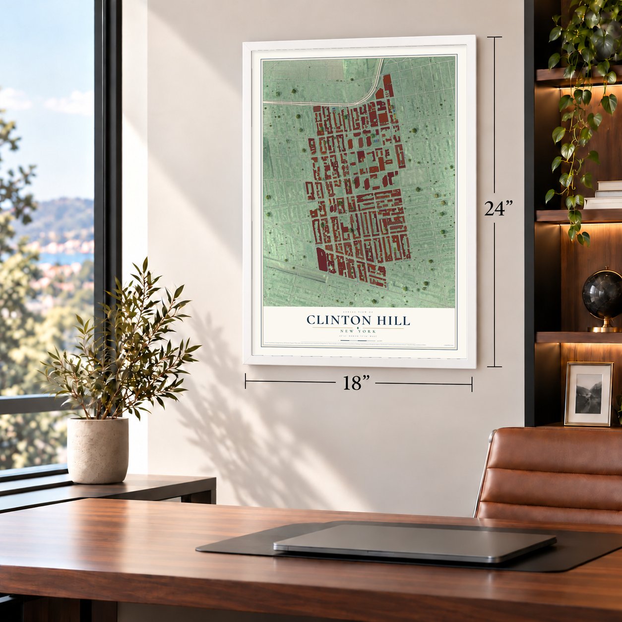 Clinton Hill, New York map, 18 x 24 inch print in a white frame in a home office