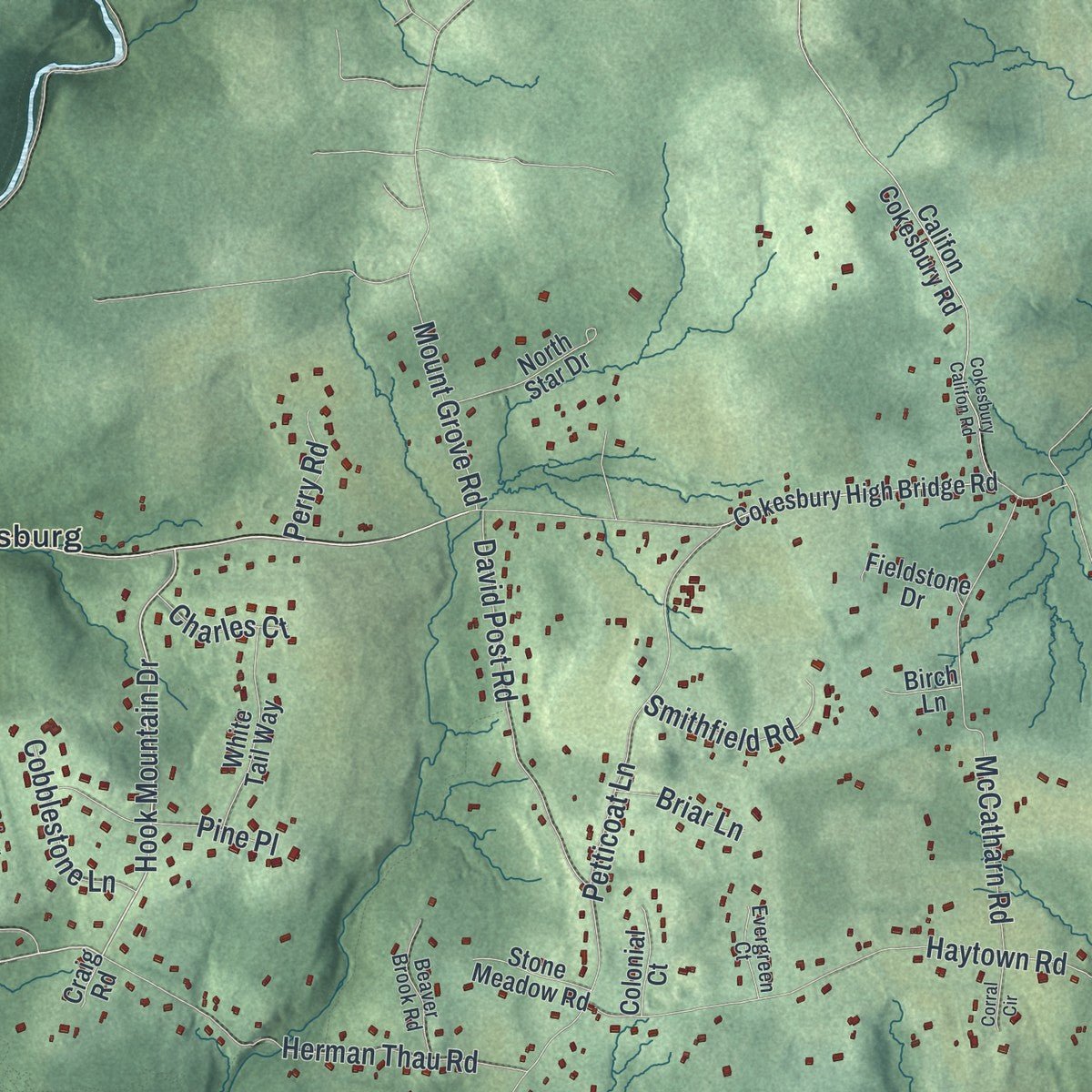 Second close-up of the map of Clinton, Hunterdon County, New Jersey print showing more streets and buildings