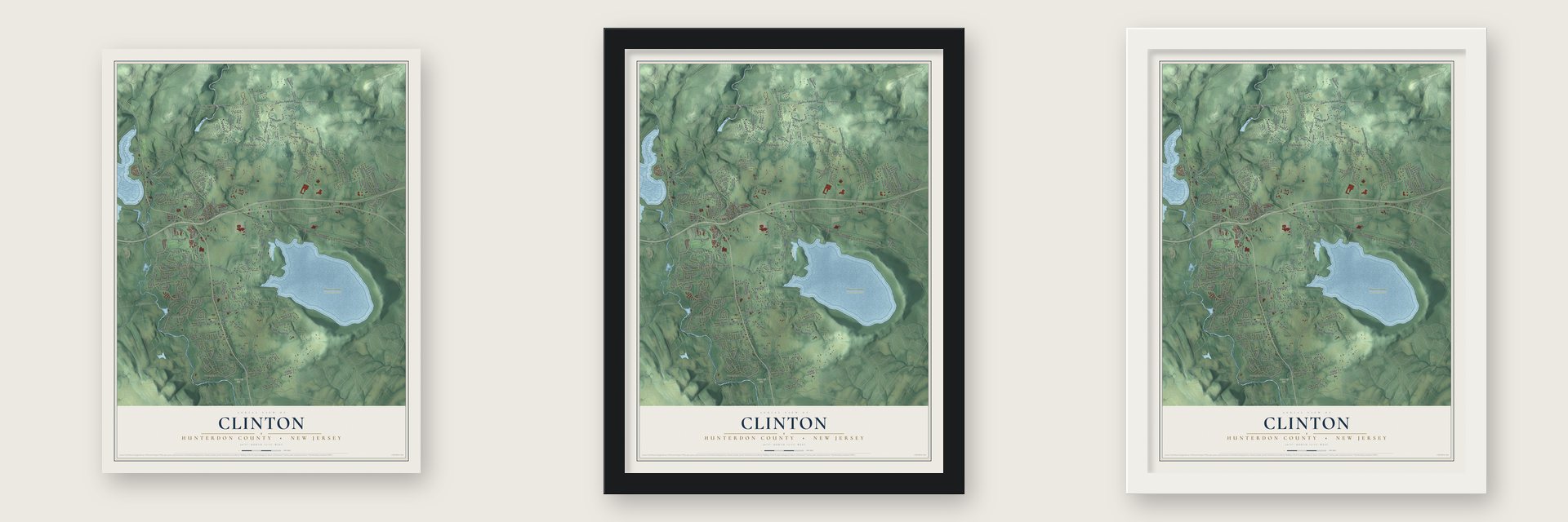 Clinton, Hunterdon County, New Jersey map unframed, in a black wood frame and in a white wood frame