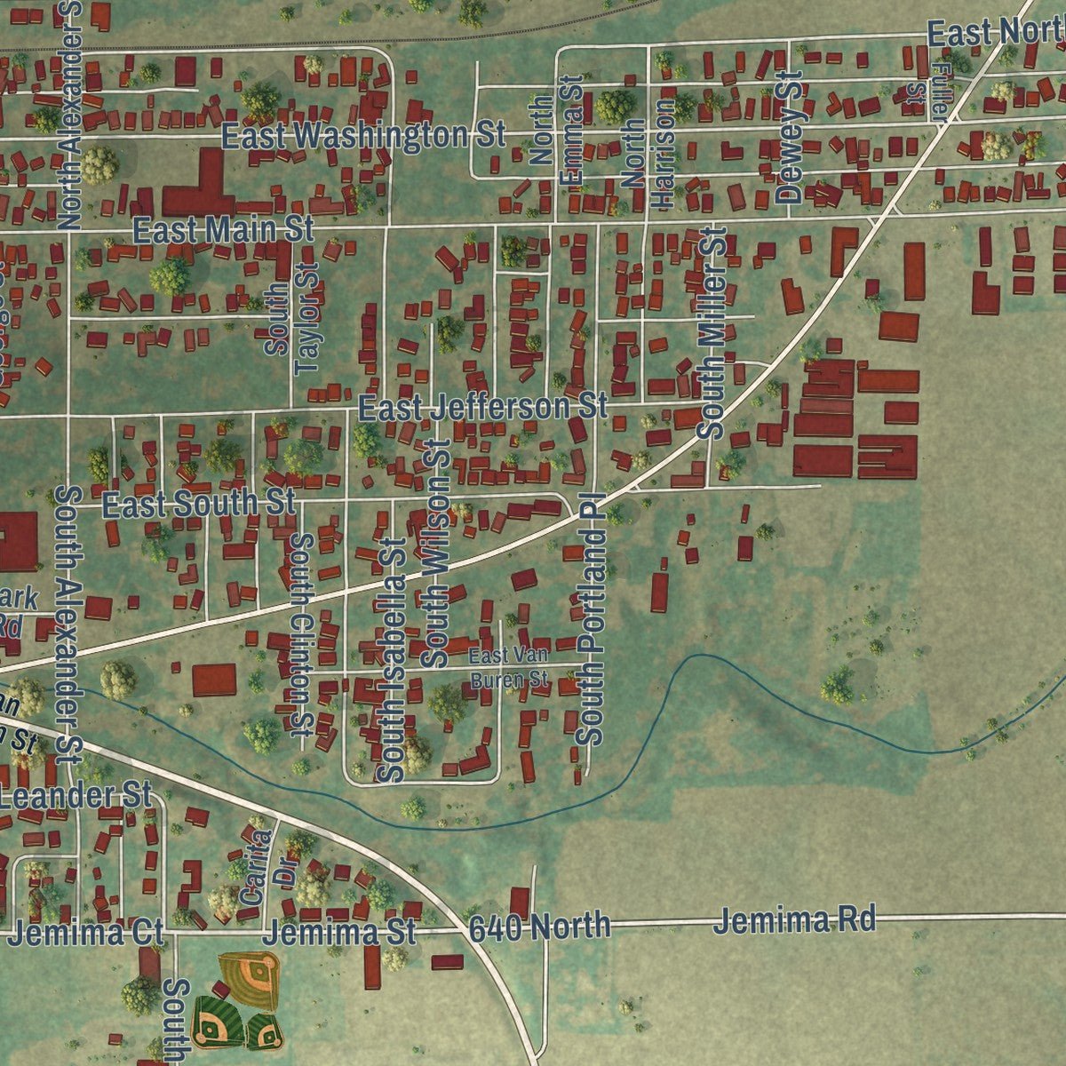 Second close-up of the map of Clinton, Illinois print showing more streets and buildings