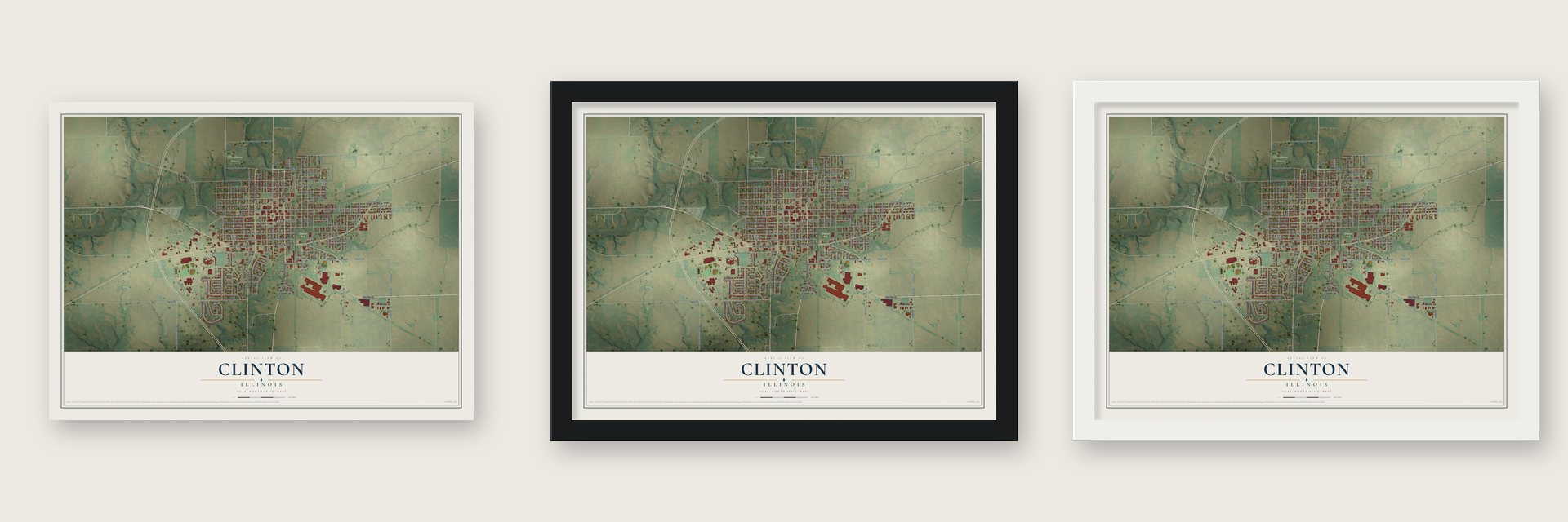 Clinton, Illinois map unframed, in a black wood frame and in a white wood frame