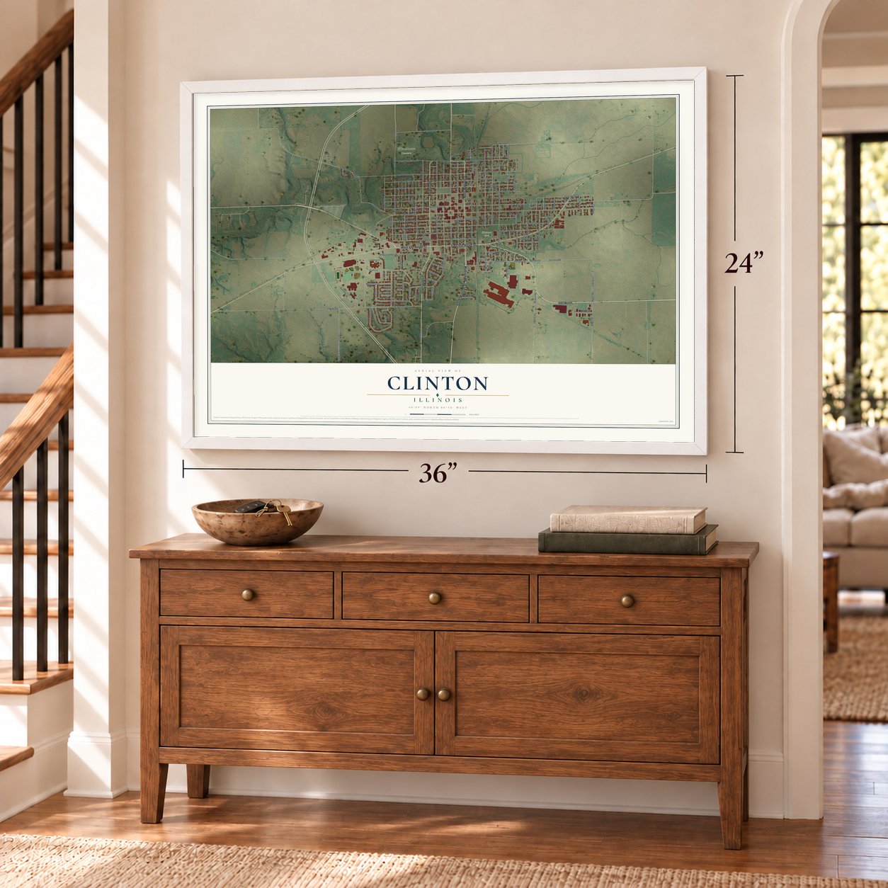 Clinton, Illinois map, 24 x 36 inch print in a white frame above a dresser by a staircase