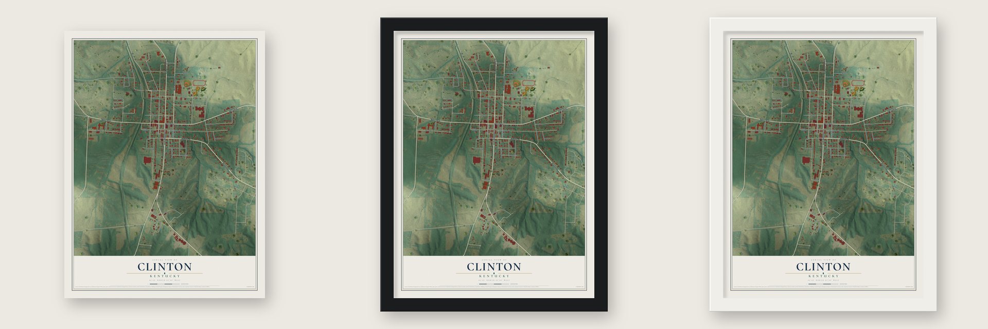 Clinton, Kentucky map unframed, in a black wood frame and in a white wood frame