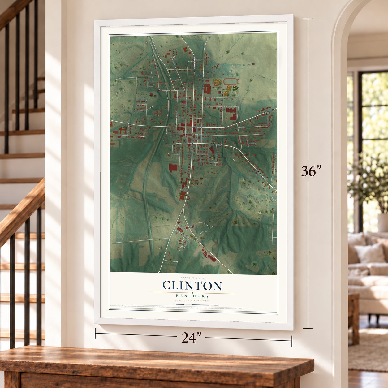 Clinton, Kentucky map, 24 x 36 inch print in a white frame by a staircase