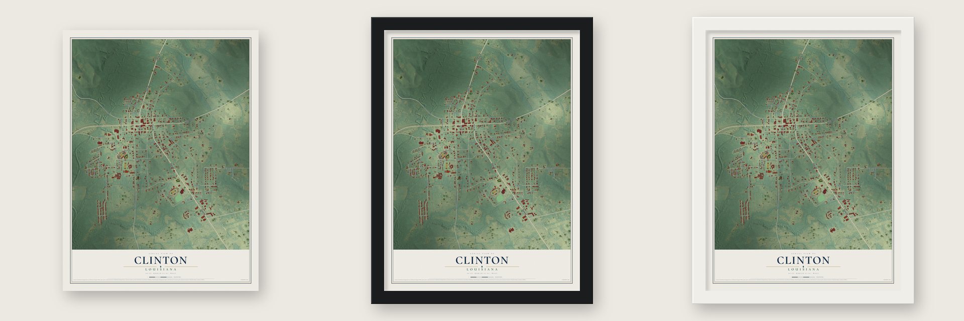 Clinton, Louisiana map unframed, in a black wood frame and in a white wood frame