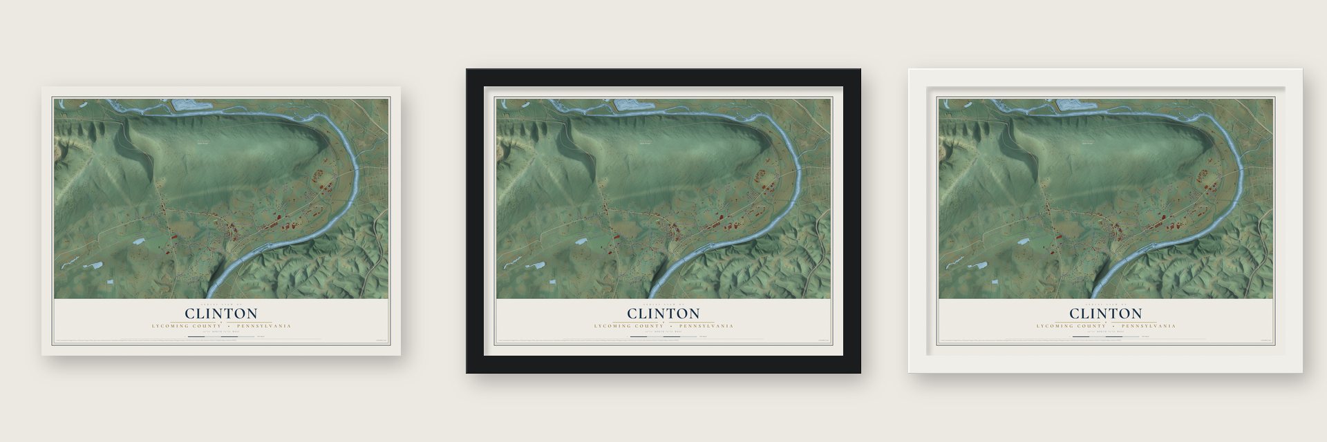 Clinton, Lycoming County, Pennsylvania map unframed, in a black wood frame and in a white wood frame