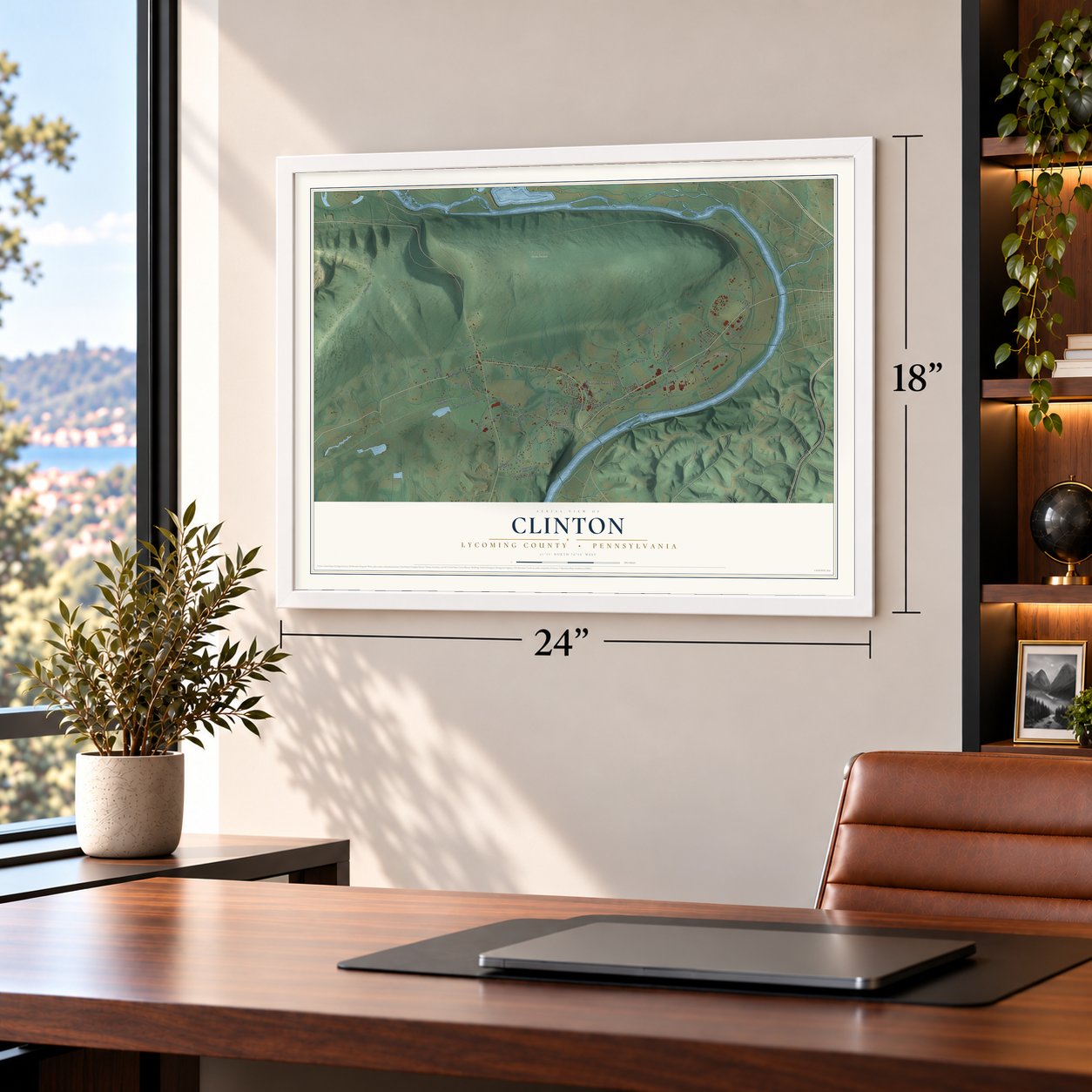 Clinton, Lycoming County, Pennsylvania map, 18 x 24 inch print in a white frame in a home office