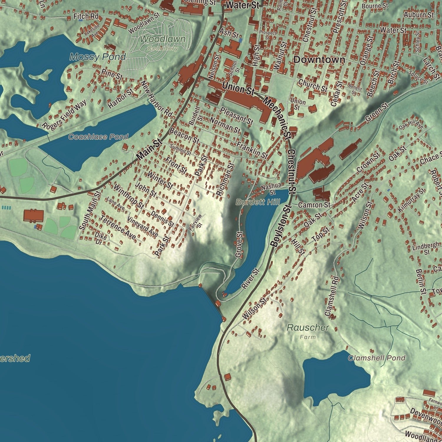 Close-up of the map of Clinton, Massachusetts print showing terrain and local geography