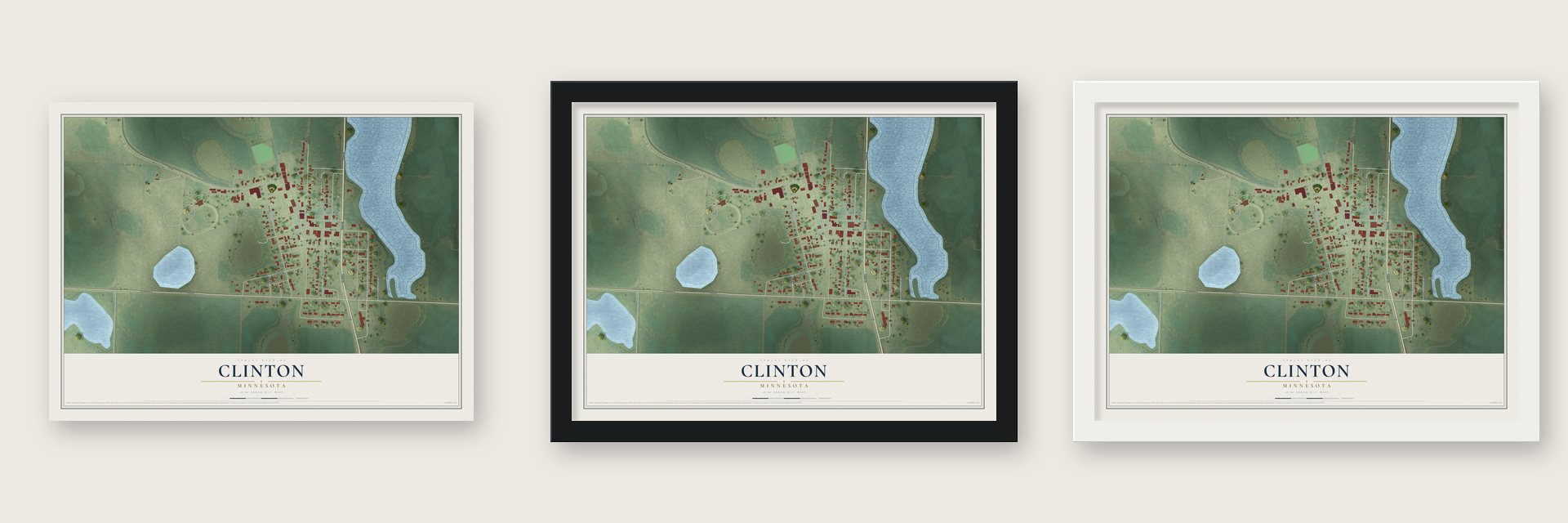Clinton, Minnesota map unframed, in a black wood frame and in a white wood frame