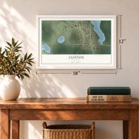 Clinton, Minnesota map, 12 x 18 inch print in a white frame in an entryway